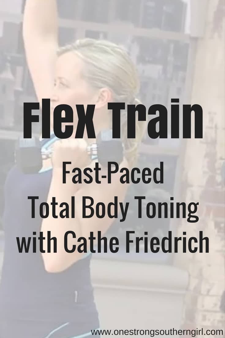 Cathe Friedrich and another girl doing a single arm overhead press with black dumbbells with a title overlay that says Flex Train-Fast Paced Total Body Toning