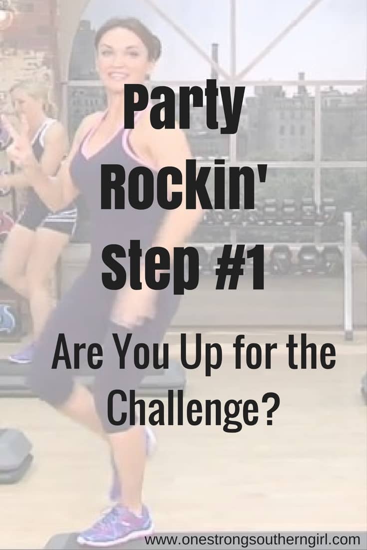 an image of the girls in Party Rockin' Step doing a knee up on one corner of a gray aerobic step with text overlay that says Party Rockin' Step #1 Are You Up for the Challenge?