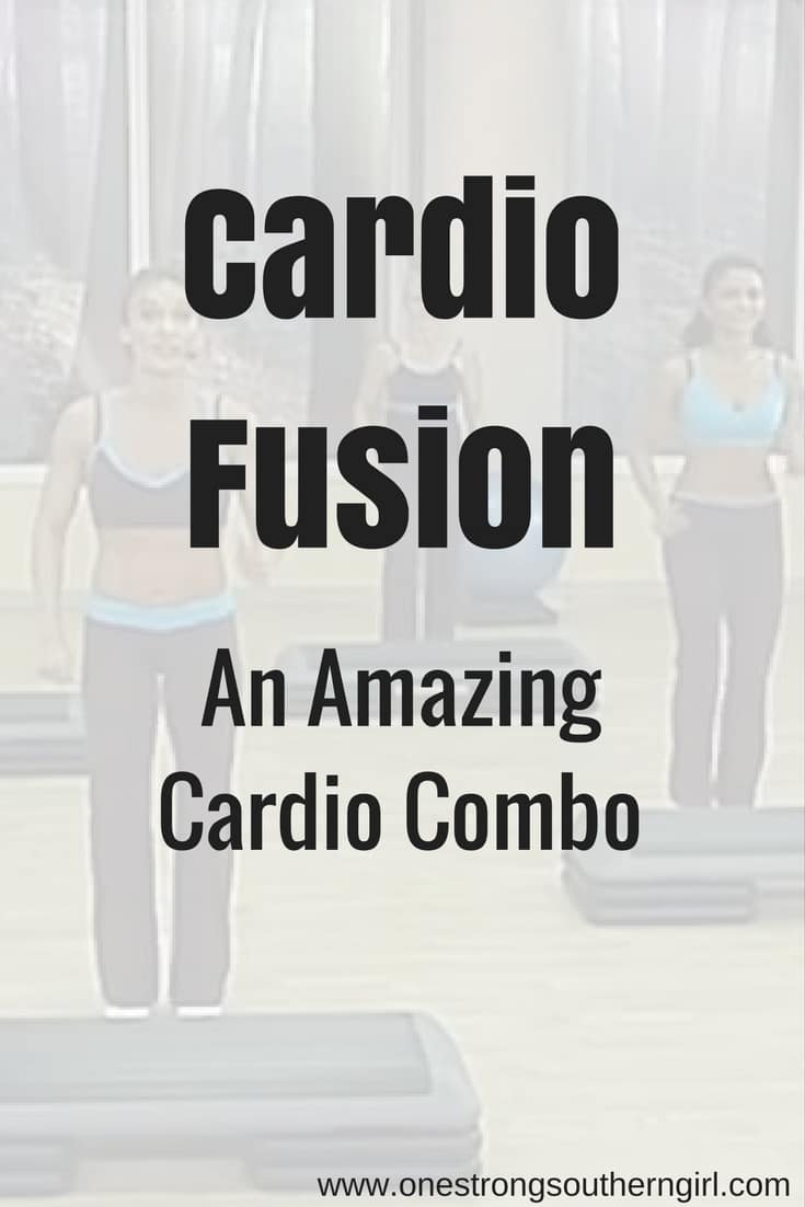Cathe Friedrich and her team doing the Cardio Fusion workout in front of an aerobic step