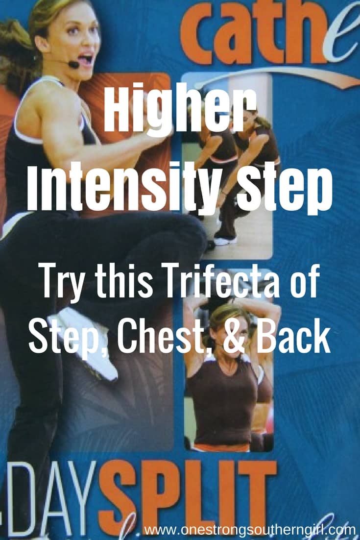 the cover art of 4 day split by Cathe Friedrich with text overlay that says Higher Intensity Step