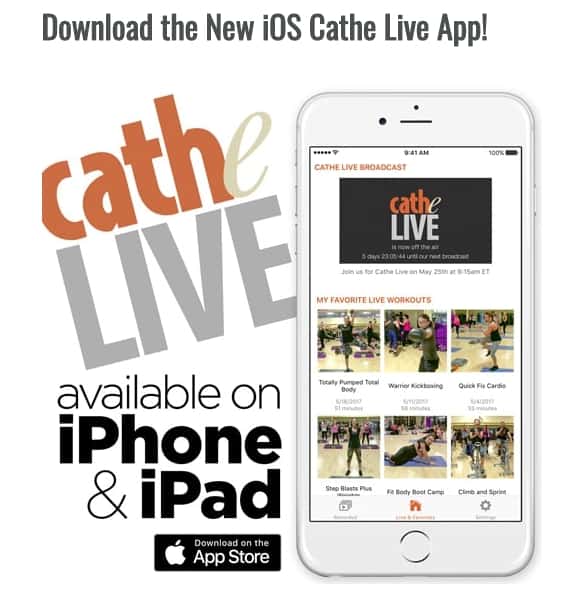 download the new Cathe Live app to do workouts on your ipad or mobile device