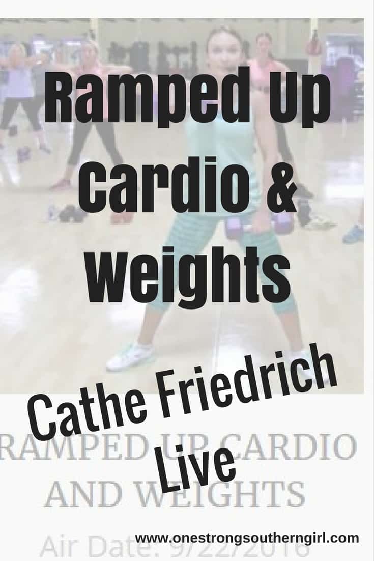a screen shot of Cathe Friedrich doing the Ramped Up Cardio and Weights routine