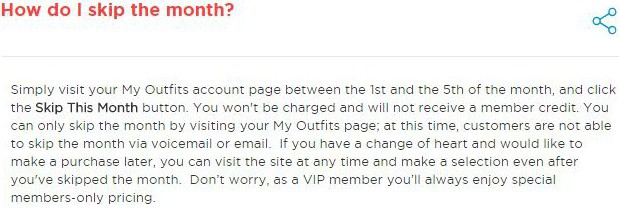 an image of the Fabletics FAQ answer to How do I skip a month