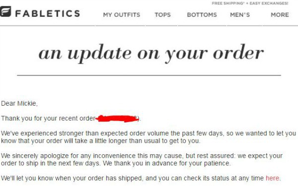 example of a delayed shipment from Fabletics