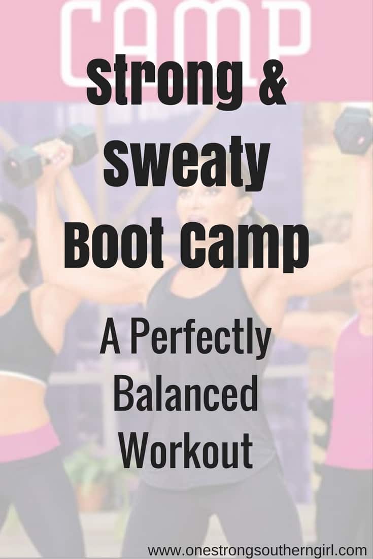 Cathe Friedrich doing an overhead press with dumbbells on the cover of the DVD for Strong and Sweaty boot camp