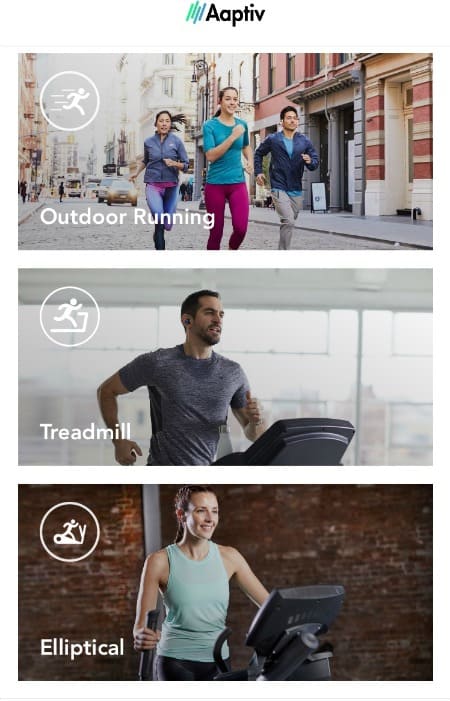 outdoor running, treadmill and elliptical are 3 categories in Aaptiv