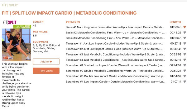 the premix workouts in Fit Split Low Impact Cardio