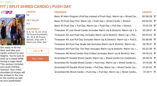 the premix routines in the Shred Cardio Push Day of Fit Split