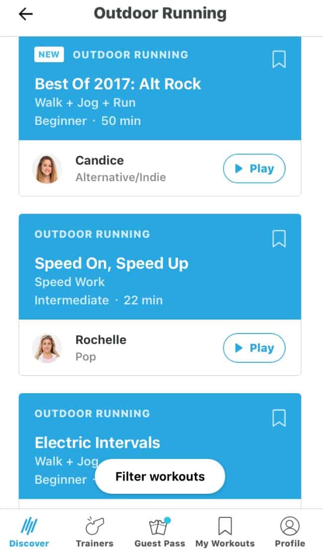 A screen shot of a section of the workout list in the outdoor running category in Aaptiv