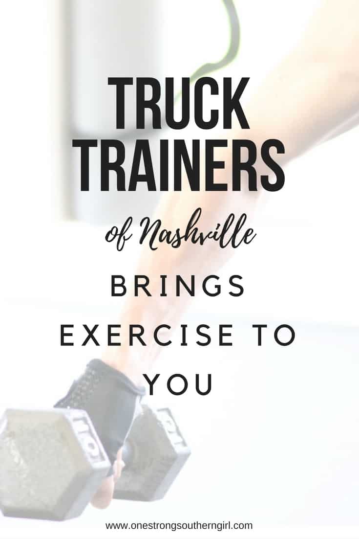a woman's hand holding a cast iron dumbbell with black text overlay that says Truck Trainers of Nashville bring exercise to you