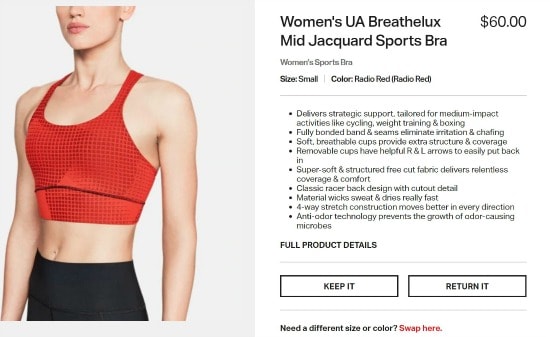 the torso of a female model wearing a red sports bra with a checkout button next to her