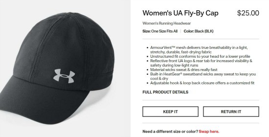 a black cap with the Under Armour logo and a checkout button next to it
