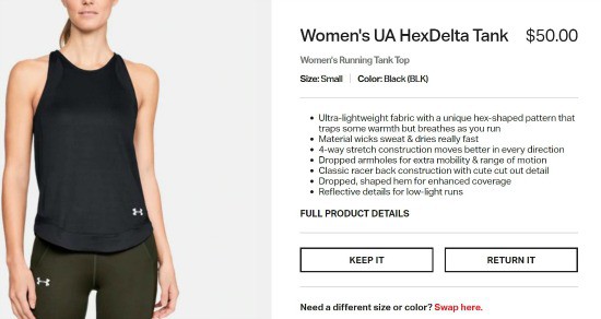 a female model's torso wearing a black tank top with the Under Armour logo and a checkout button next to her