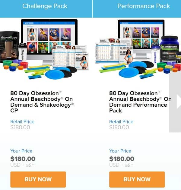 an image of the pricing options of 80 day obsession on the Beachbody website