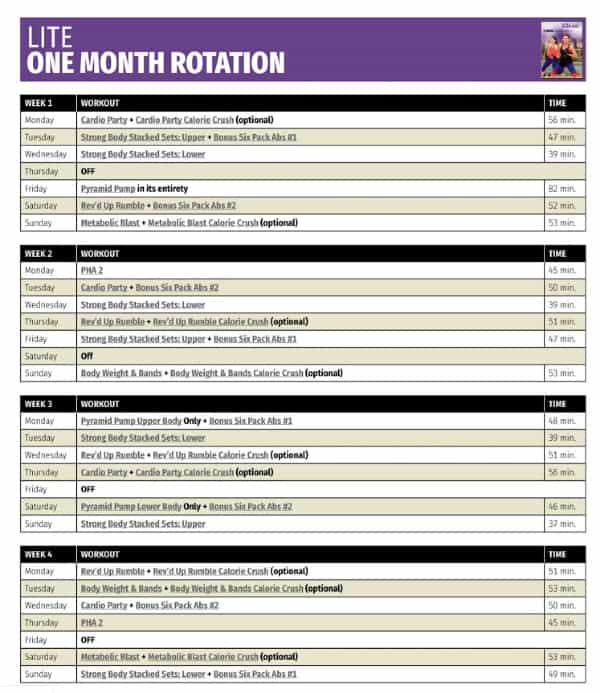 a workout rotation calendar from Cathe's Lite user's guide