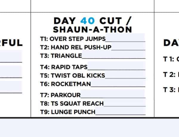 a screen shot of day 40 on the Transform 20 workout calendar