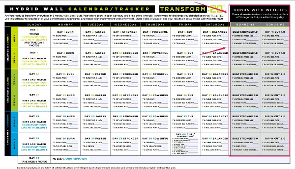 a screen shot of the Transform 20 hybrid workout calendar