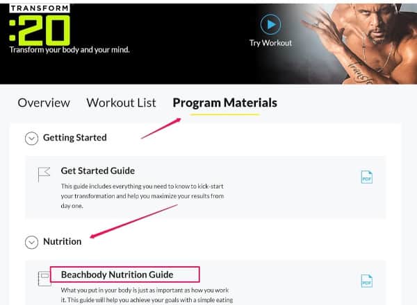 a screen shot showing you where to click inside Beachbody on Demand to get to the Nutrition Guide for Transform 20