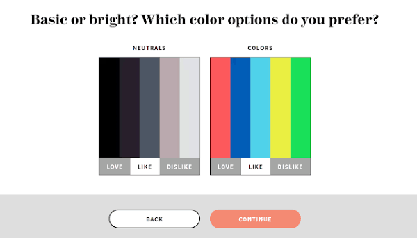 a screen shot of the style quiz that asks what color options you like