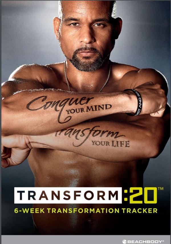 cover page for the Transform 20 6 week transformation tracker with an image of Shaun T looking at the camera