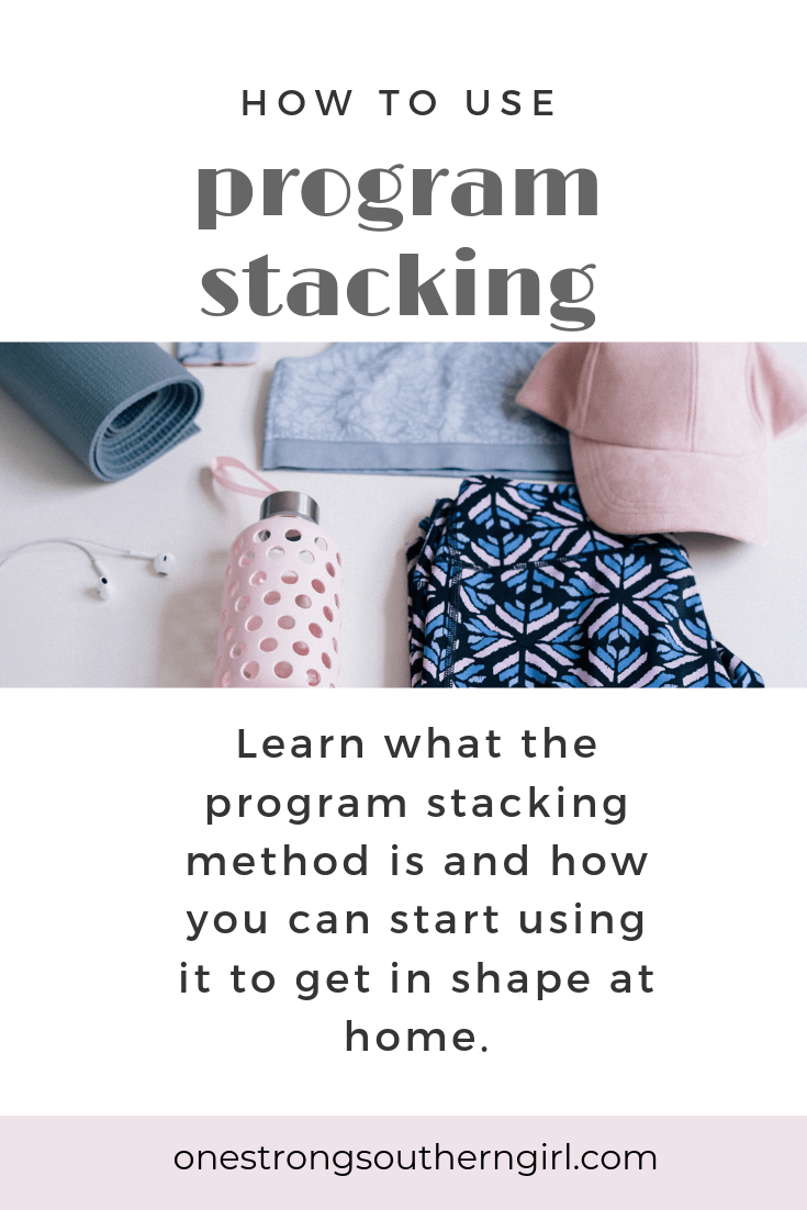 text that says how to use program stacking with an image of pink and blue workout gear