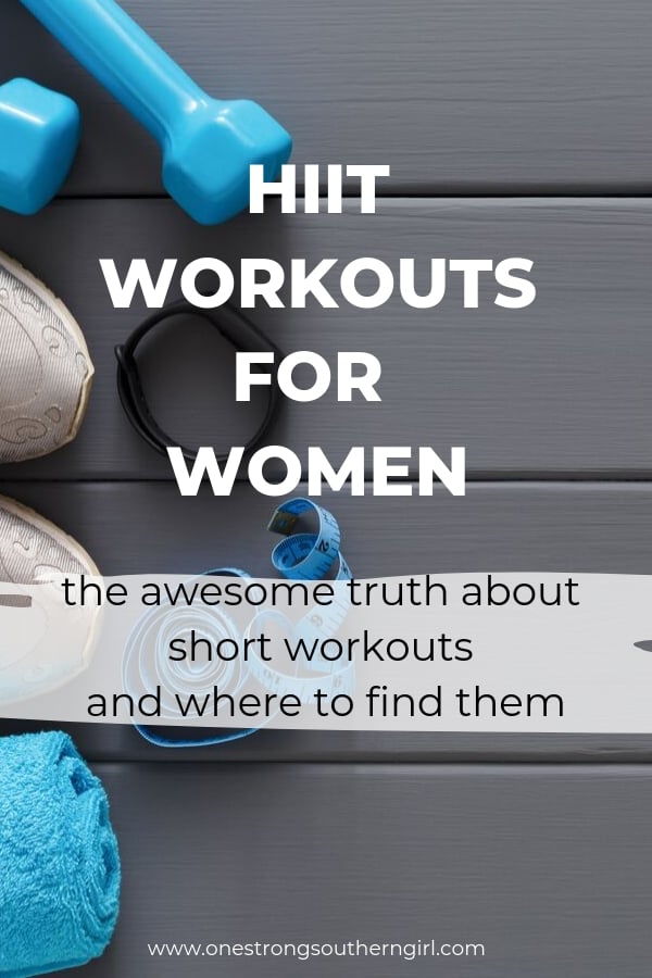 a gray background with blue dumbbells, a black heart rate monitor and blue tape measure with the words in white that say Hiit workouts for women