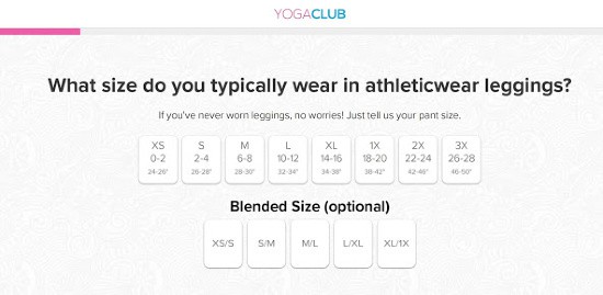 one of the style quiz questions from YogaClub that says what size do you typically wear in athleticwear leggings