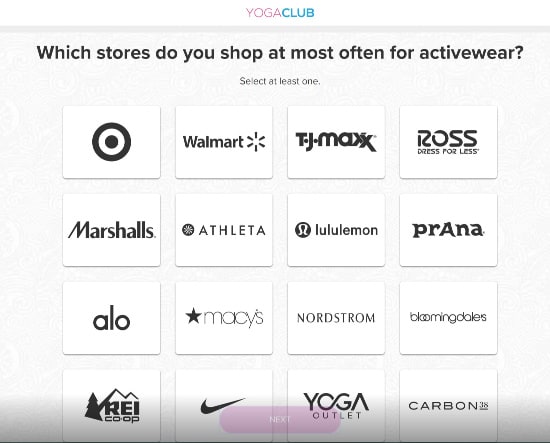 a question from the yogaClub style quiz asking which stores you shop at for activewear