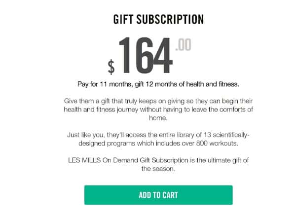 a graphic that shows the cost of a gift subscription to les mills on demand