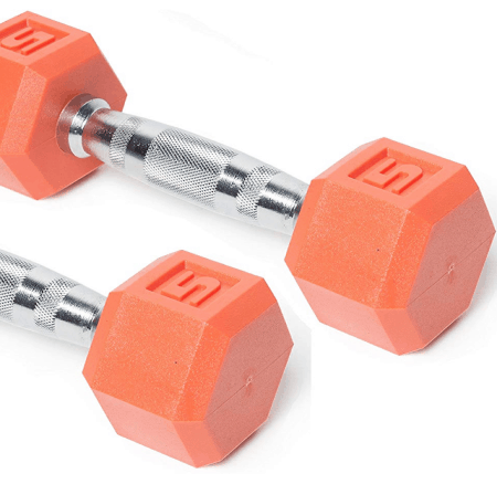 a pair of orange 5 pound rubber dumbbells with chrome handles