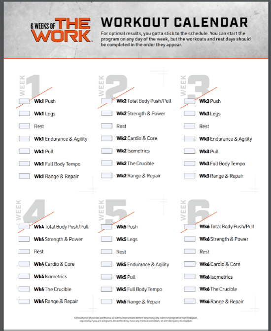 the workout rotation calendar from The Work by Beachbody