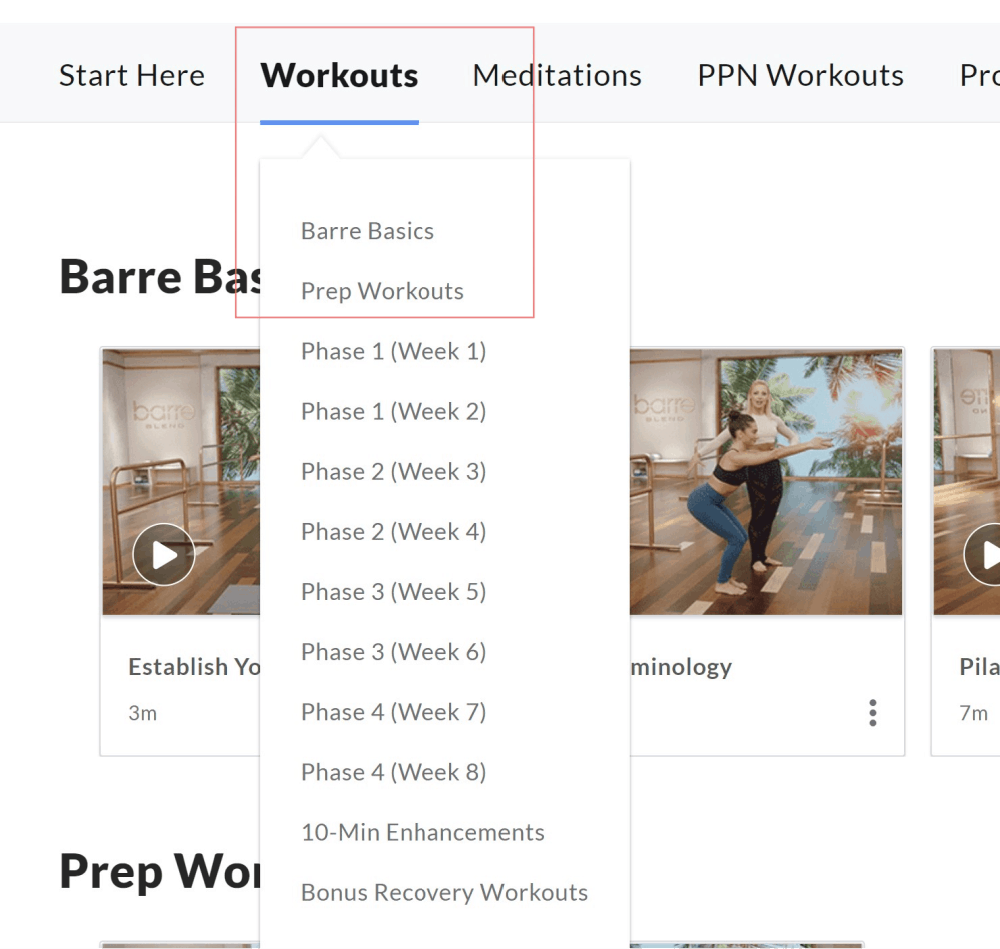 the dropdown menu where you can find the 'basic' and 'prep' starter workouts in Barre Blend