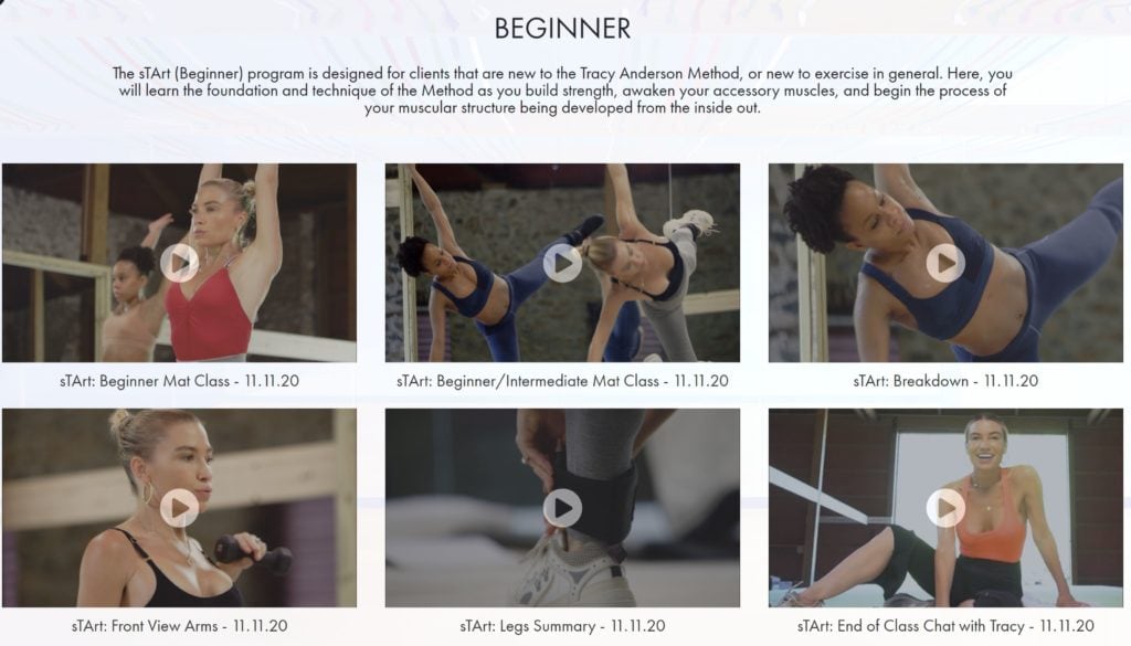 the thumbnail images inside the Tracy Anderson Online Studio beginner category