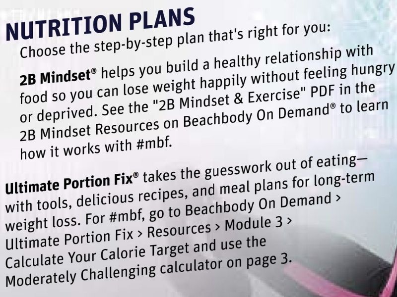 an image with the summary of how to use 2B Mindset or Ultimate Portion Fix with #mbf