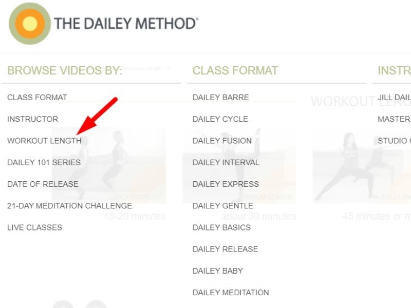 a screen shot of The Dailey Method streaming library with an arrow pointing at the workout length filter