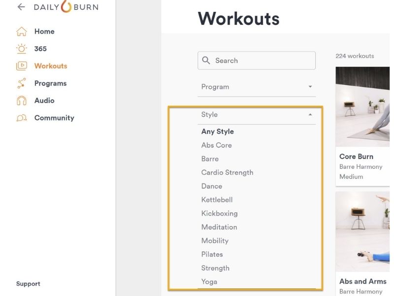 a screen shot showing the different workout styles in Daily Burn