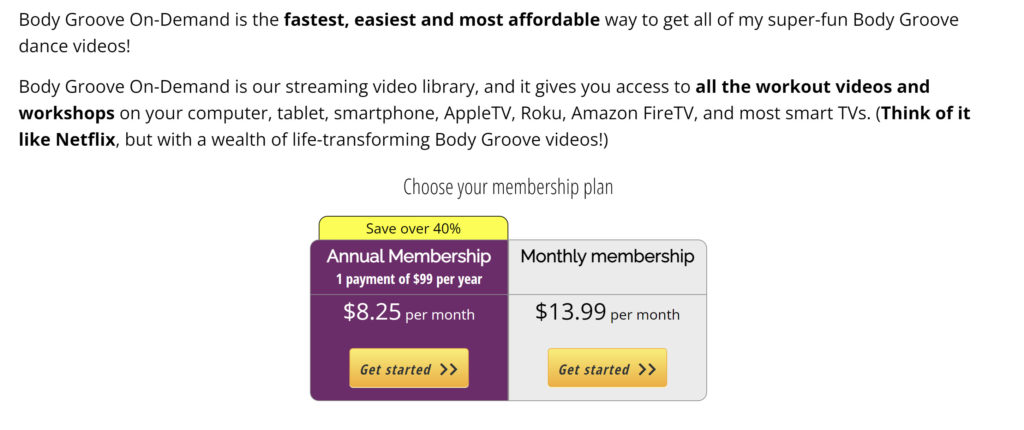 the cost of Body Groove on demand